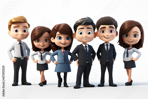 3D cartoon businesspeople team stands in front of a white background, dressed in professional business suits. Generative AI. photo