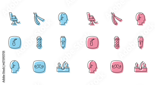 Set line Baldness, Barbershop, chair, Human follicle, Classic pole, Electric razor blade, and Straight icon. Vector
