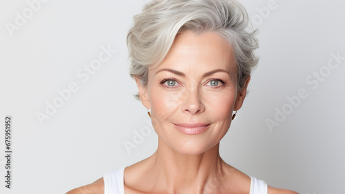 Beautiful Mature old lady close up portrait. Healthy face skin care beauty, middle age skincare cosmetics, cosmetology concept.