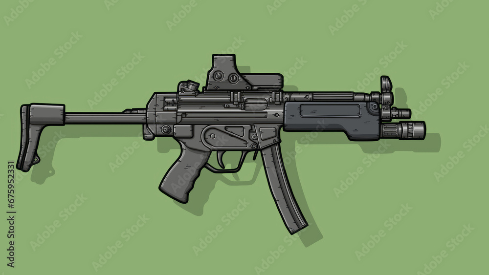 Close-up of an 5sd submachine gun on an isolated green background. Art Line. Military weapons, gun concepts Close-up of an 5sd submachine gun on an isolated green background. Art Line. Military weapons, gun concepts