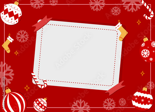 Blank Christmas and New Year  frame with Christmas decoration in red background, Chris greeting card, banner, copy space