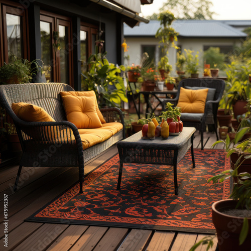  A festive terrace with a fiesta rug and vibrant
