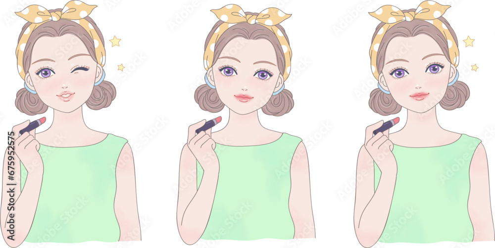 Close up of girl holding lipstick, a set of three movements Close up of girl holding lipstick, a set of three movements
