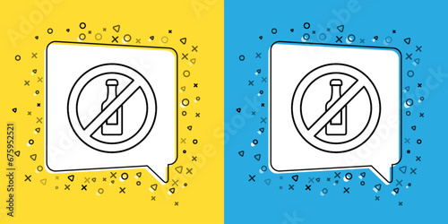 Set line No alcohol icon isolated on yellow and blue background. Prohibiting alcohol beverages. Forbidden symbol with beer bottle glass. Vector