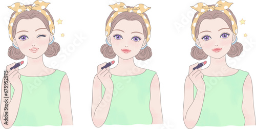 Close up of girl holding lipstick, a set of three movements