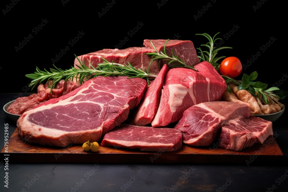 fresh raw meat on black board. top view. food photography inspiration