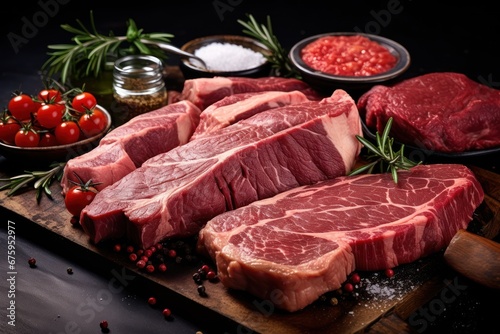 fresh raw meat on black board. top view. food photography inspiration