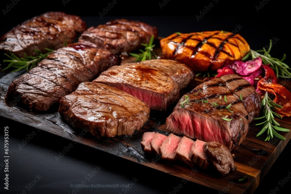 Top view of Grilled beef steak on wooden board.