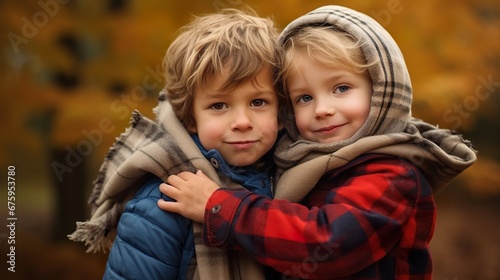 two kids friends hugging and looking at camera, boys embracing, childhood and friendship of little brothers