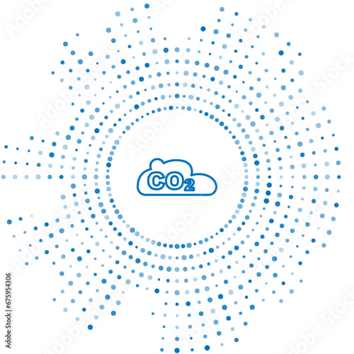 Blue line CO2 emissions in cloud icon isolated on white background. Carbon dioxide formula, smog pollution concept, environment concept. Abstract circle random dots. Vector