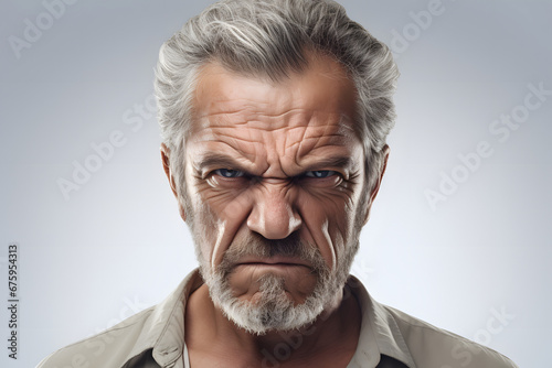 Angry mature Caucasian man, head and shoulders portrait on white background. Neural network generated photorealistic image. Not based on any actual person or scene. photo
