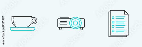 Set line File document, Coffee cup flat and Presentation, movie, film, media projector icon. Vector