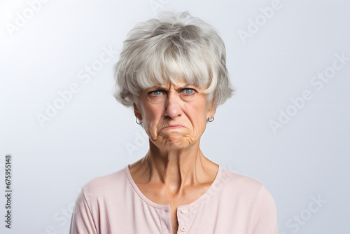 Angry and disgusted senior Caucasian woman, head and shoulders portrait on white background. Neural network generated image. Not based on any actual person or scene.