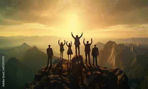 A team of business hikers, silhouetted against a magnificent mountain sunrise, embodies teamwork, trust, and assistance as they climb to the summit. Generative AI. photo