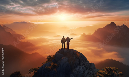 A team of business hikers, silhouetted against a magnificent mountain sunrise, embodies teamwork, trust, and assistance as they climb to the summit. Generative AI. © Surachetsh