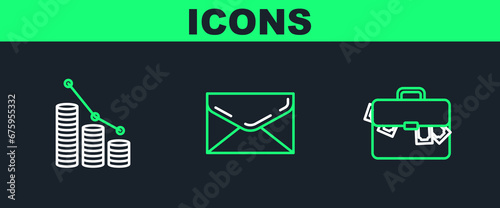 Set line Briefcase and money, Pie chart infographic coin and Envelope icon. Vector