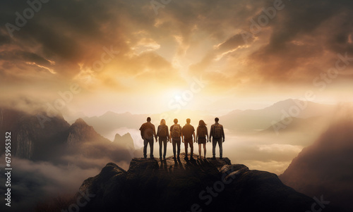 Triumphant businesspeople, working together as a team, celebrate their success on the mountaintop just as the sun rises, raising their hands in victory. Generative AI. photo