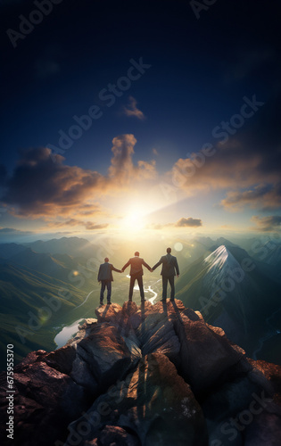 Triumphant businesspeople, working together as a team, celebrate their success on the mountaintop just as the sun rises, raising their hands in victory. Generative AI. photo