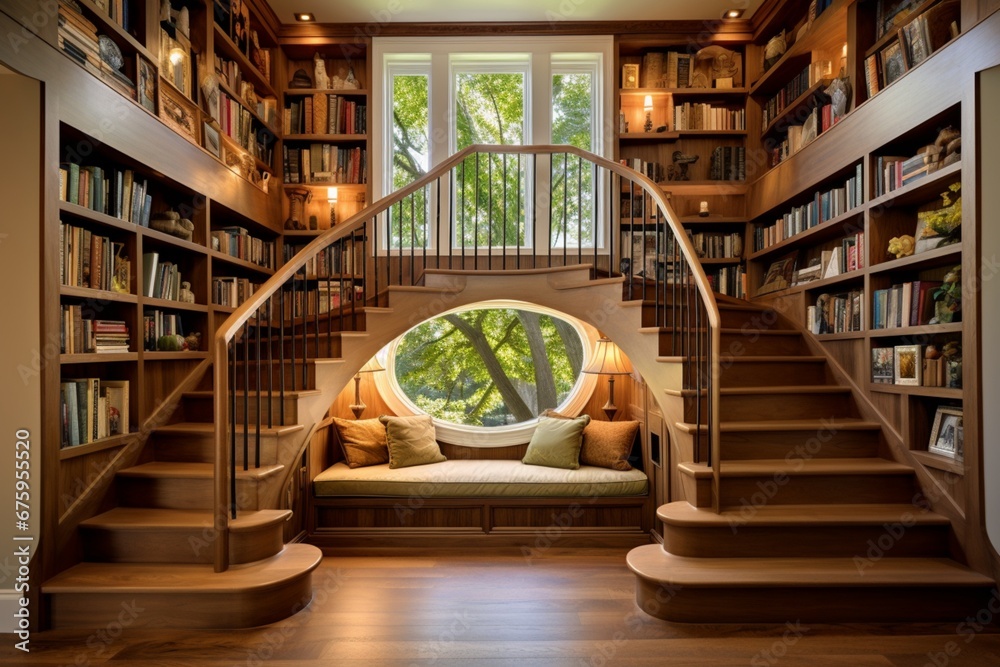 create a room with a stair case leading to ahome library