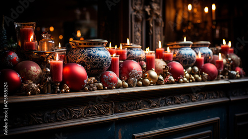 Seasonal Splendor: Christmas Mantelpiece Decorated with Holly and Candles. Generative AI.