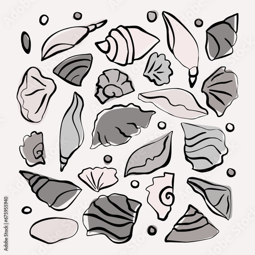 The sketch of shells with a line and a spot. Simple hand drown picture. monochrome  colours. Vector illustration