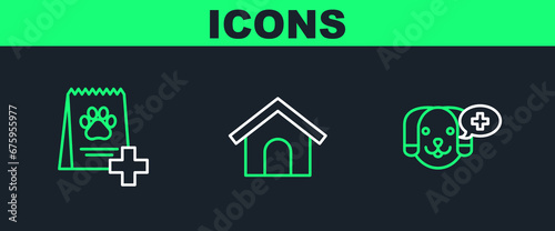 Set line Veterinary clinic symbol, Bag of food for dog and Dog house icon. Vector
