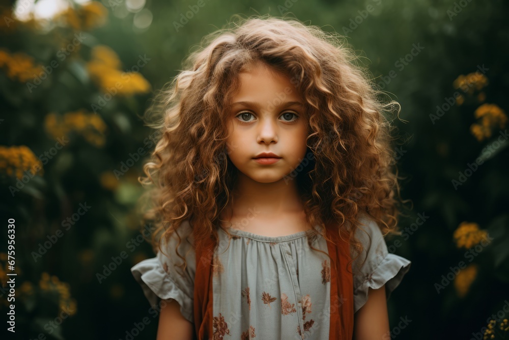Portrait of a beautiful little girl with curly hair in the field. Portrait of a beautiful little girl with curly hair in the field.