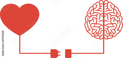 Heart and brain connection. Energy of love and mind. Find the balance concept. Simple minimalistic flat style heart and brain banner. Heart and brain with charging cable. Vector isolated