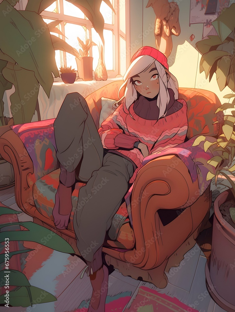Cute Anime manga style LOFI Girl, cozy winter background illustration design