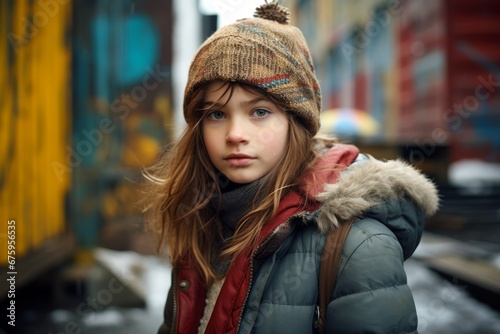 Portrait of a cute little girl on the street in winter.