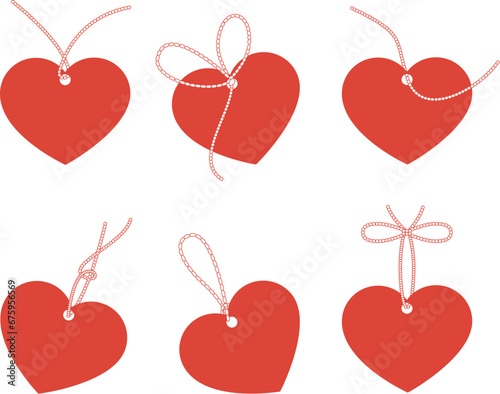 Heart shaped set of tags with lace. Different knotted strings. Blank heart promo label. Vector sale price sticker. Valentine present card, birthday gift decoration.