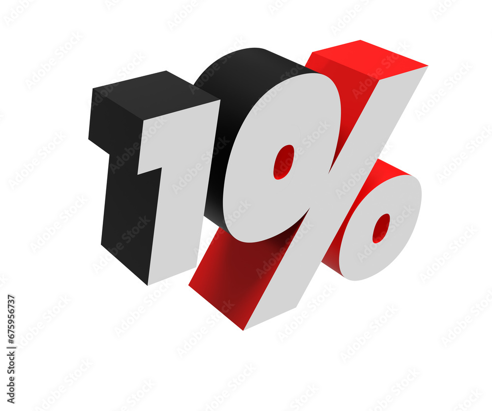 10% digit. 3d number in a light side perspective. White and red. Transparent background 10% digit. 3d number in a light side perspective. White and red. Transparent background
