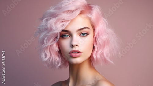 Ethereal Beauty with Cotton Candy Hair: A Young Woman's Soft Pink Locks Complement Her Delicate Features.