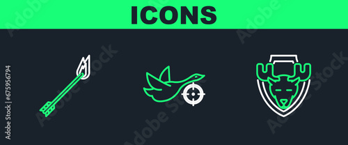 Set line Moose head on shield, Flame arrow and Hunt duck with crosshairs icon. Vector