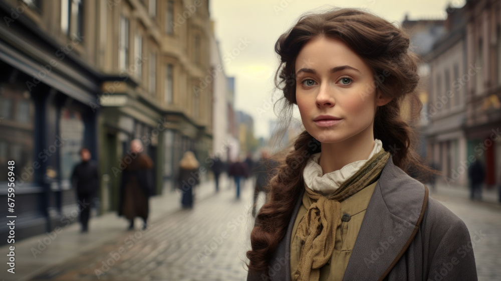 Timeless Elegance: A Young Victorian Lady's Pensive Gaze Along the Cobblestone Streets of Historical Britain.