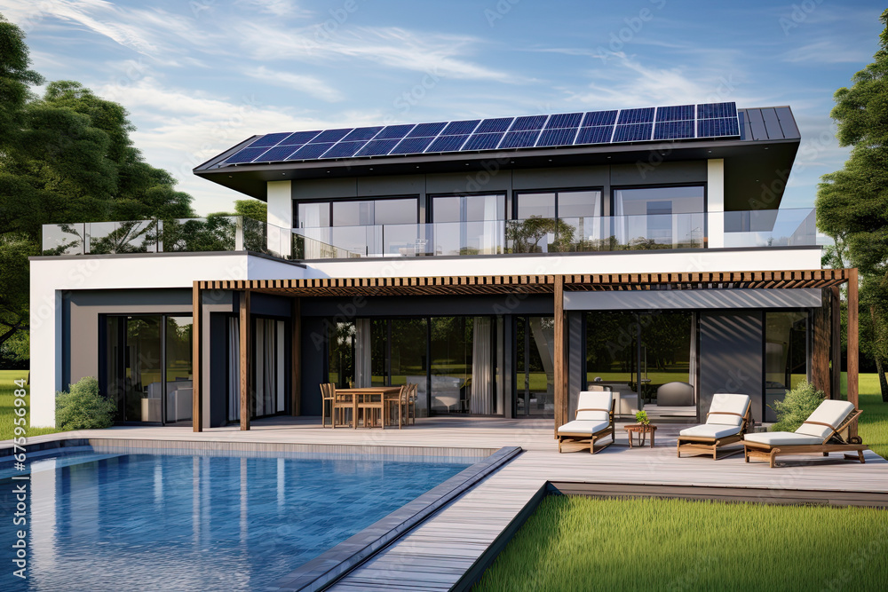 a beautiful modern house with solar pannels on the roof  and grass lawn