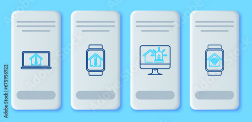 Set line Smart watch with house temperature, Computer monitor smart and alarm, Laptop and home wi-fi icon. Vector