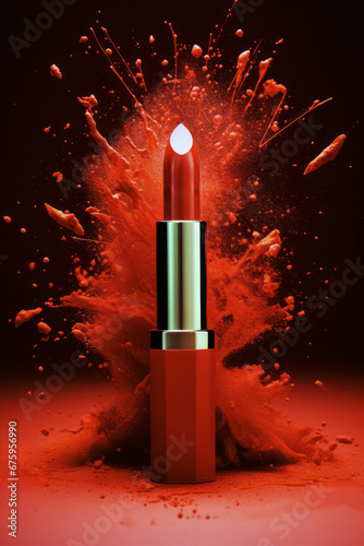 Red lipstick with splashes, standing out against a black background, a concept of the beauty industry