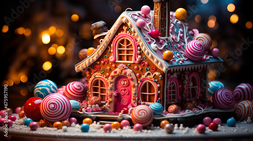 Festive Gingerbread Masterpiece: Explore an Intricately Designed House adorned with Candy Canes, Icing, and Gumdrops for Holiday Delight. Generative AI.