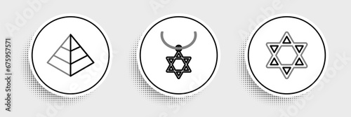Set line Star of David, Egypt pyramids and necklace on chain icon. Vector
