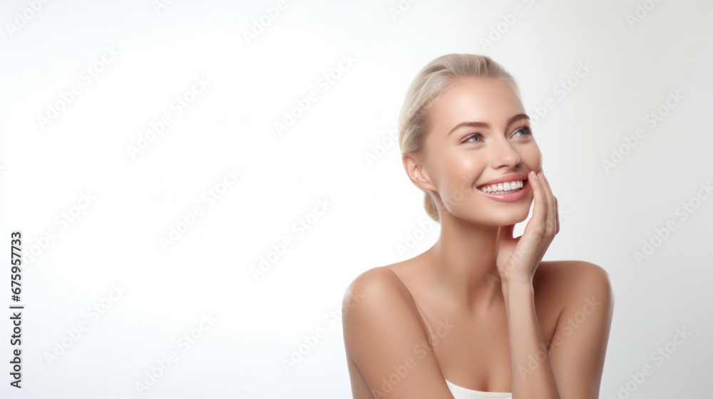 Portrait of a radiant young woman with a beaming smile, touching her face gently, embodying pure joy and beauty. Portrait of a radiant young woman with a beaming smile, touching her face gently, embodying pure joy and beauty.