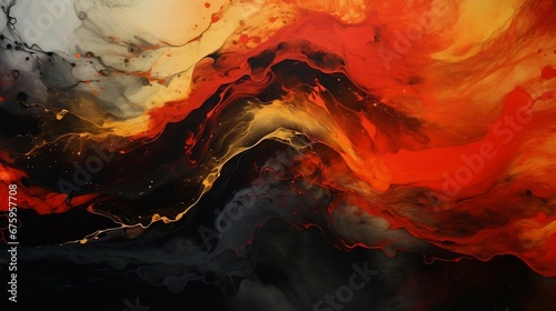 abstract liquid lava colors painting. marbled wallpaper background. red yellow swirls black painted splashes illustration. 	