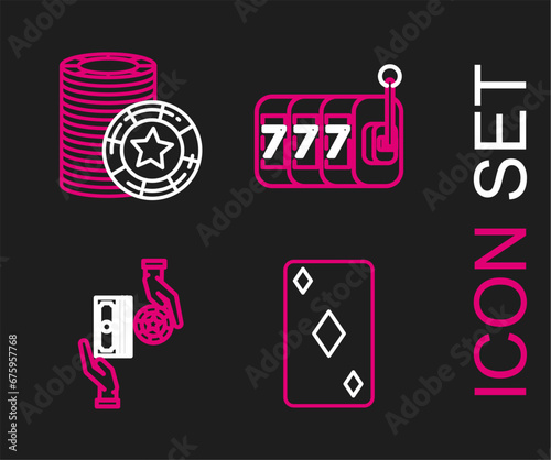 Set line Playing card with diamonds symbol, Casino chips exchange stacks of dollars, Slot machine lucky sevens jackpot and icon. Vector