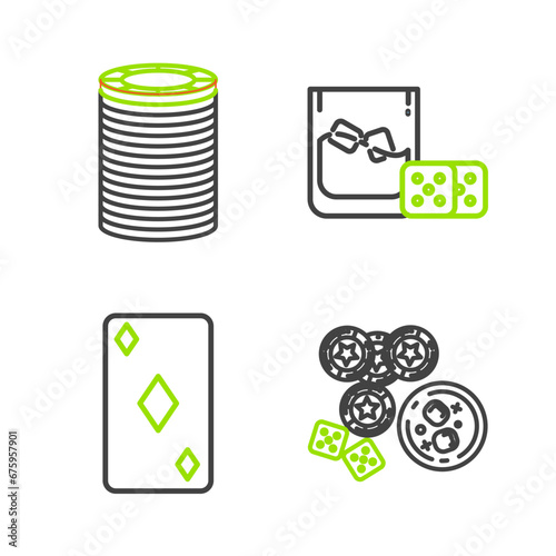 Set line Casino chips, game dice and glass of whiskey with ice cubes, Playing card diamonds symbol, Game and icon. Vector