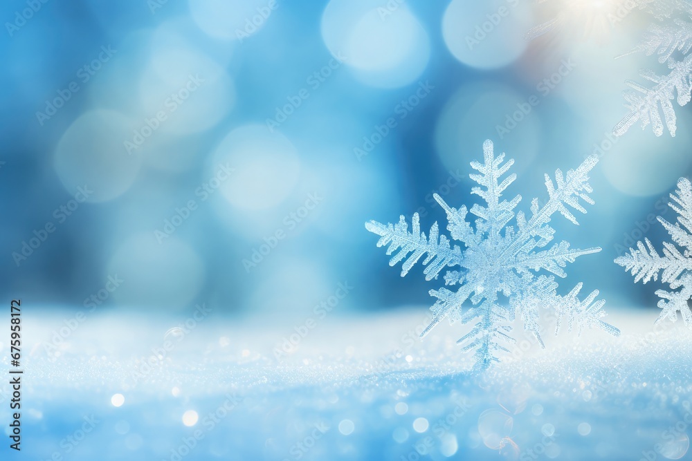 Beautiful white decorative snowflake on a festive blue bokeh background with copy space