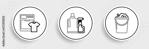 Set line Bucket with foam and bubbles, Washer t-shirt and Plastic bottles for liquid dishwashing liquid icon. Vector