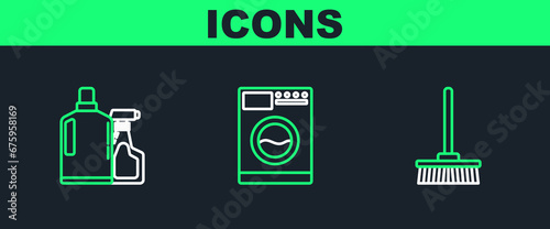 Set line Mop, Plastic bottles for liquid dishwashing liquid and Washer icon. Vector