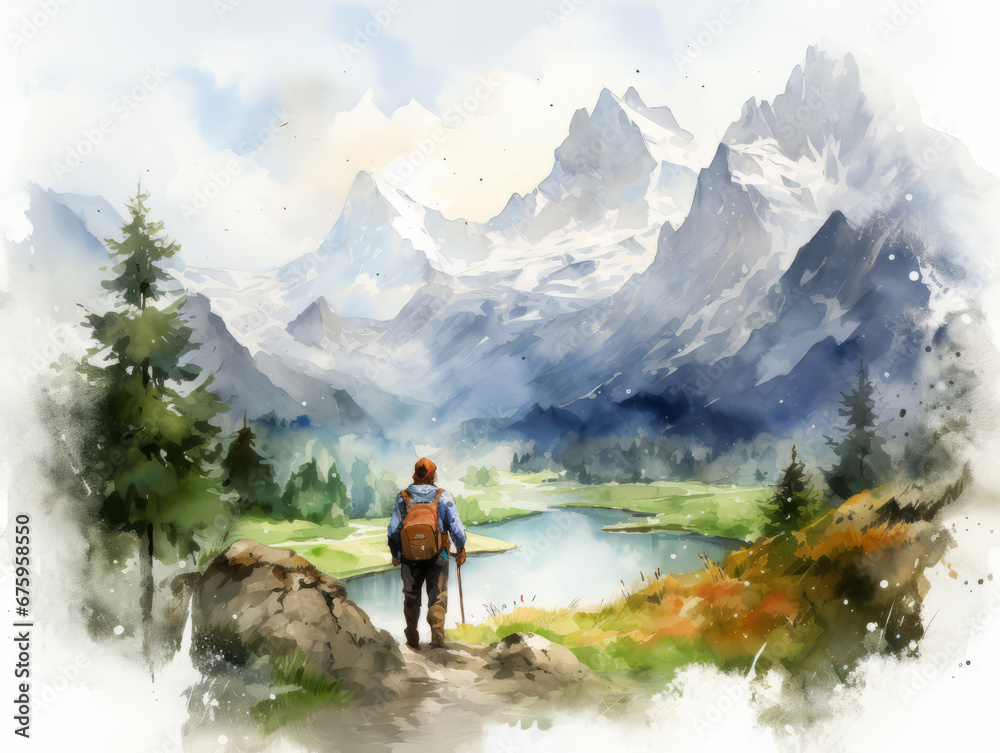 Watercolor illustration. A traveler on the edge of a cliff with a spectacular view behind him. a single man hiking on a mountain trail. Amazing valley view