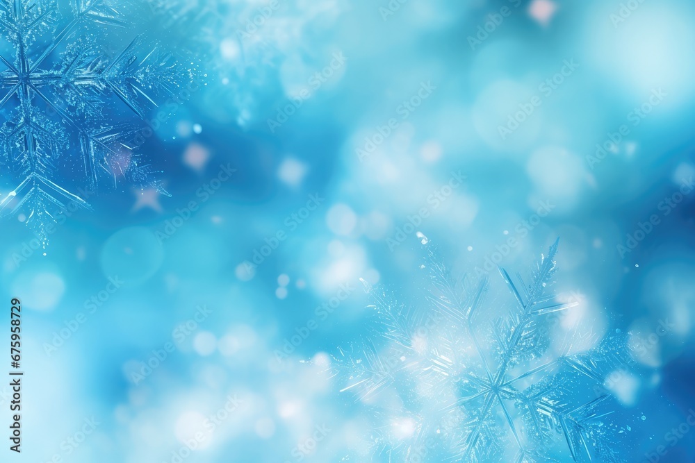 Beautiful white decorative snowflakes on a festive blue bokeh background with copy space