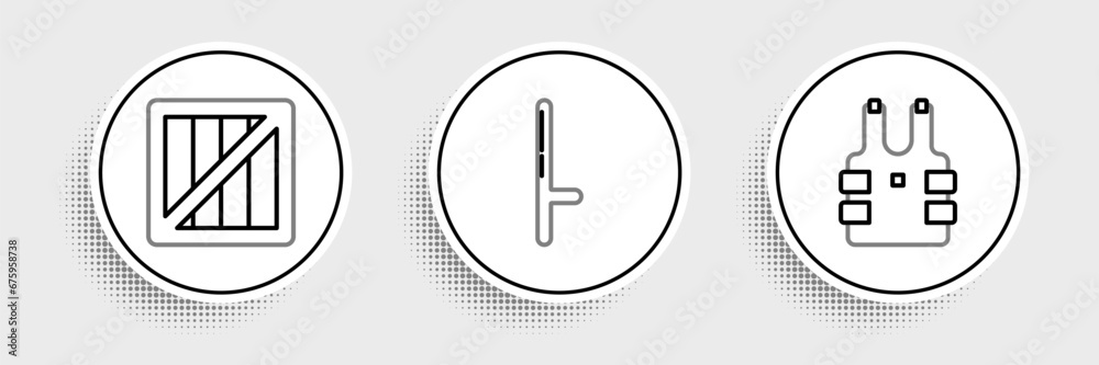 Set line Bulletproof vest for protection from bullets, Military ammunition box and Police rubber baton icon. Vector Set line Bulletproof vest for protection from bullets, Military ammunition box and Police rubber baton icon. Vector